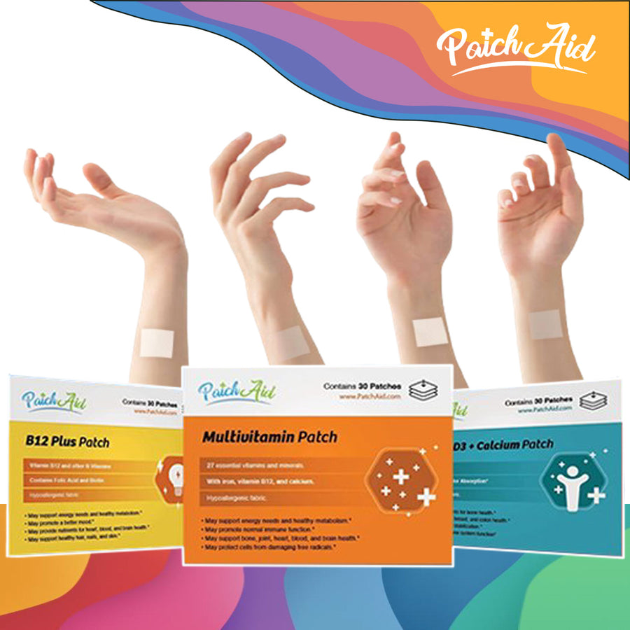 Three arms with transdermal vitamin patches are displayed, showcasing the B12 Plus, Multivitamin, and D3 + Calcium patches, emphasizing convenience and health benefits.