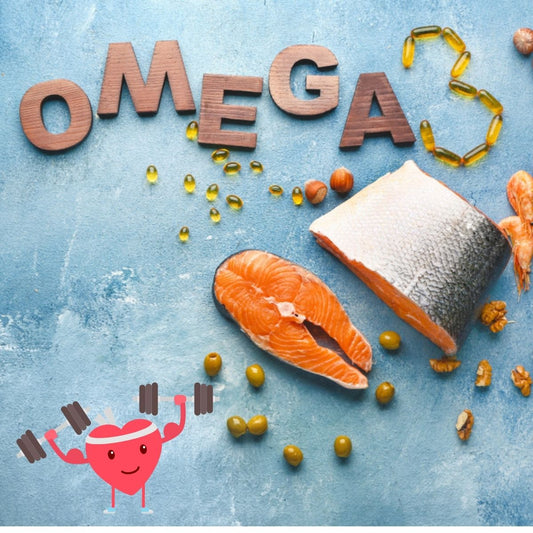 Wooden letters spelling "OMEGA" are arranged on a blue background with pieces of salmon, olive oil capsules, and nuts, alongside a cartoon heart lifting weights, emphasizing the health benefits of Omega-3 fats.