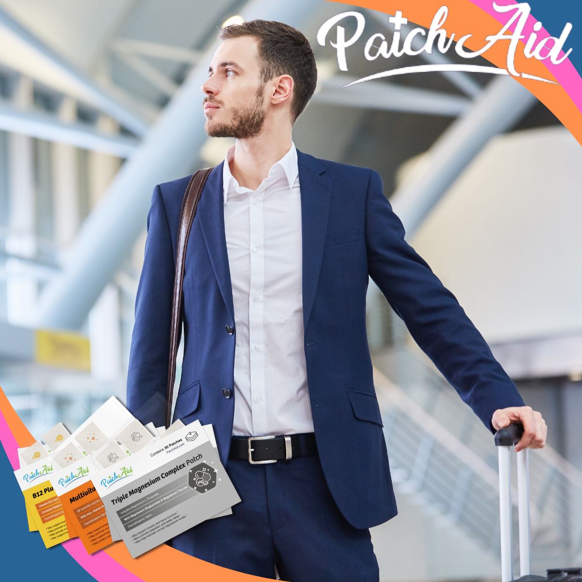 A well-dressed man stands in an airport terminal, looking confidently to the side while holding a suitcase, with PatchAid vitamin patches displayed in front of him.