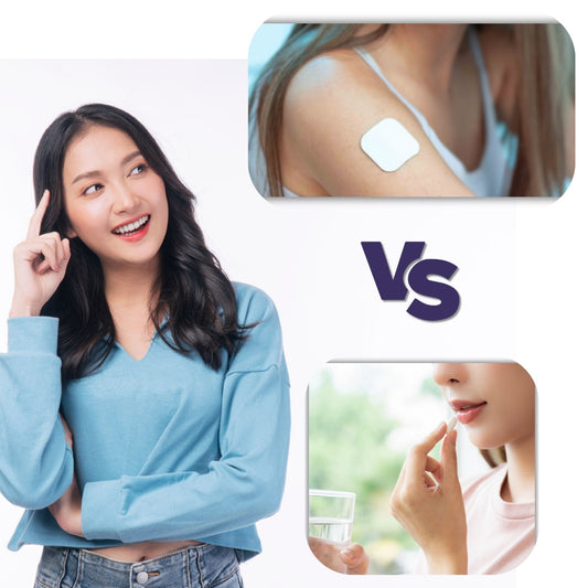 A smiling woman in a blue sweater thinks while comparing transdermal patches on an arm and oral vitamins, represented by a woman taking a pill with water, highlighting the article's focus on vitamin delivery methods.