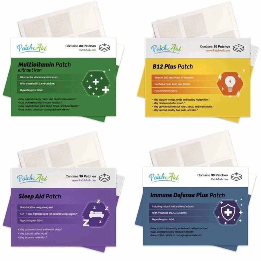 Four PatchAid vitamin patch packages are displayed, featuring Multivitamin, B12 Plus, Sleep Aid, and Immune Defense patches, each highlighting their benefits and ingredients on colorful backgrounds.