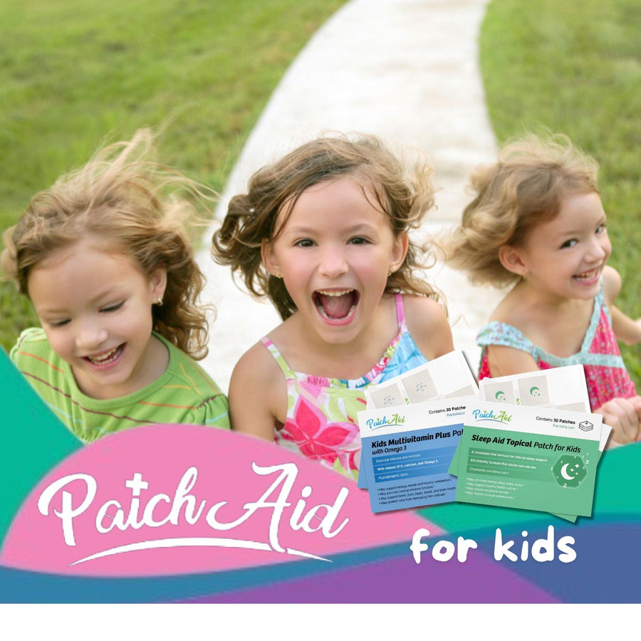 Three smiling children with curly hair are playing outdoors on a path, with colorful vitamin patches for kids displayed in the foreground, promoting nutrition and sleep support.