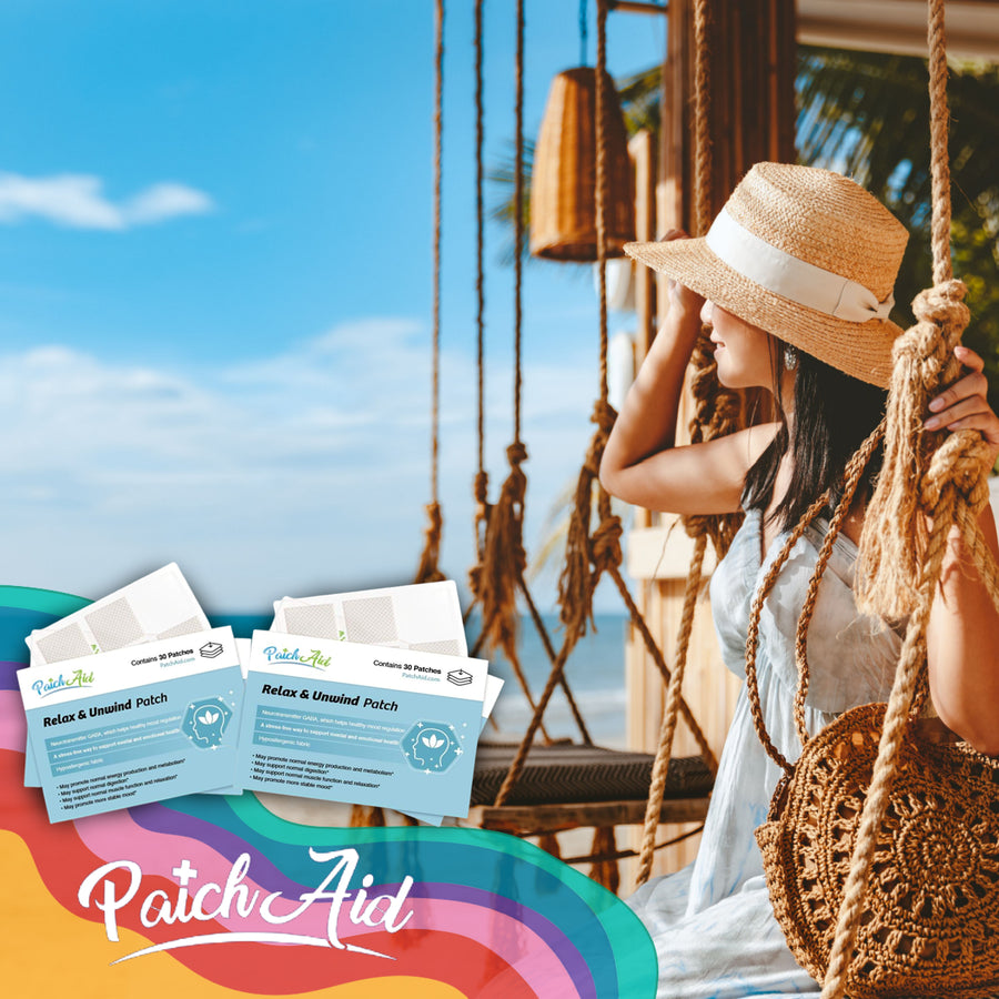 A woman in a sun hat relaxes on a swing by the beach, holding a bag, while two packages of "Relax & Unwind" patches are displayed in the foreground against a bright blue sky.