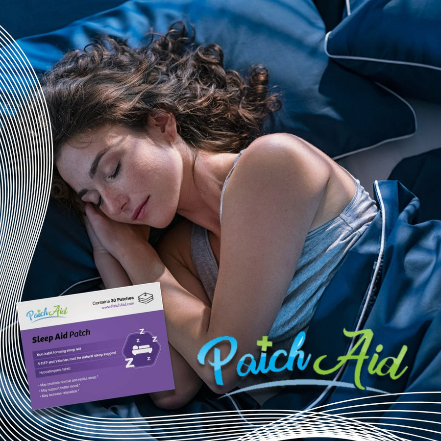 A woman with curly hair sleeps peacefully on dark blue pillows, with a Sleep Aid Patch product prominently displayed beside her, emphasizing the theme of improving sleep quality for better health.