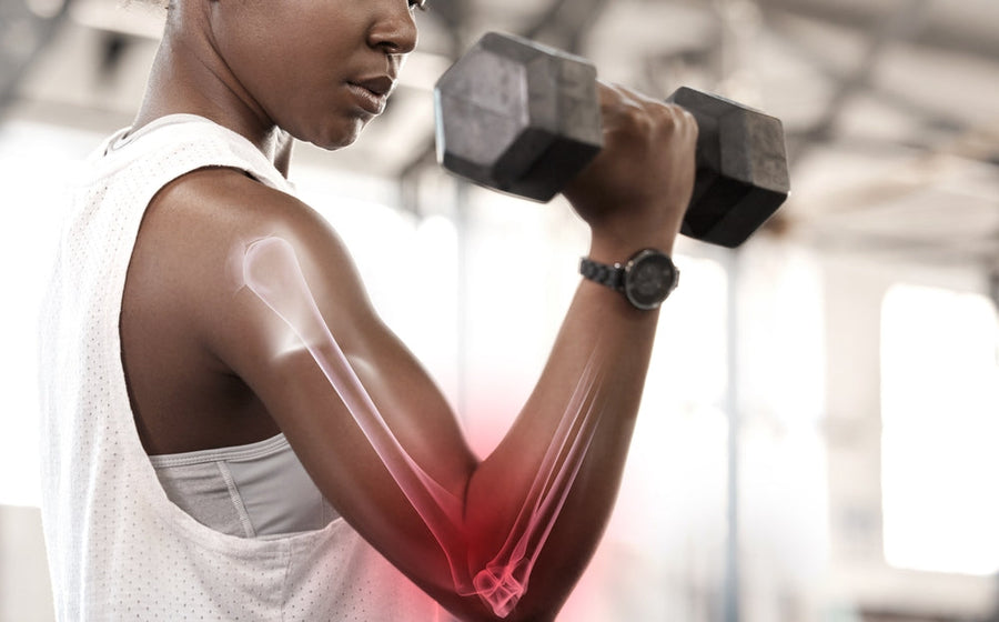 A person in a gym lifts a dumbbell with a focused expression, while a transparent illustration of a bone highlights the arm, emphasizing the importance of bone strength and health.