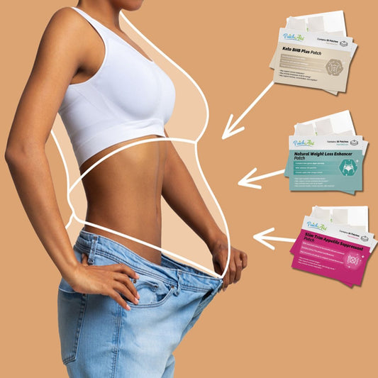 A person in a white top stands with their hands on their hips, showing a slimmer waist, while three vitamin patches for weight loss are displayed nearby against a beige background.