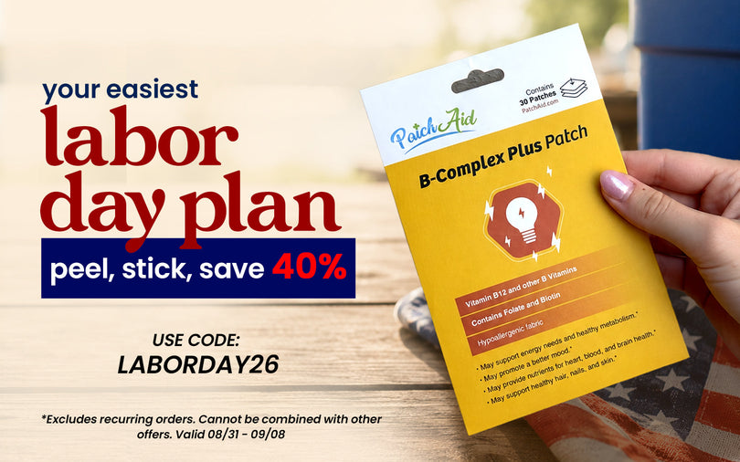 PatchAid Labor Day sale featuring B-Complex Plus Patch, 40% off with code LABORDAY26. Disclaimer states Excludes recurring orders. Cannot be combined with other offers. Valid 08/31 - 09/08