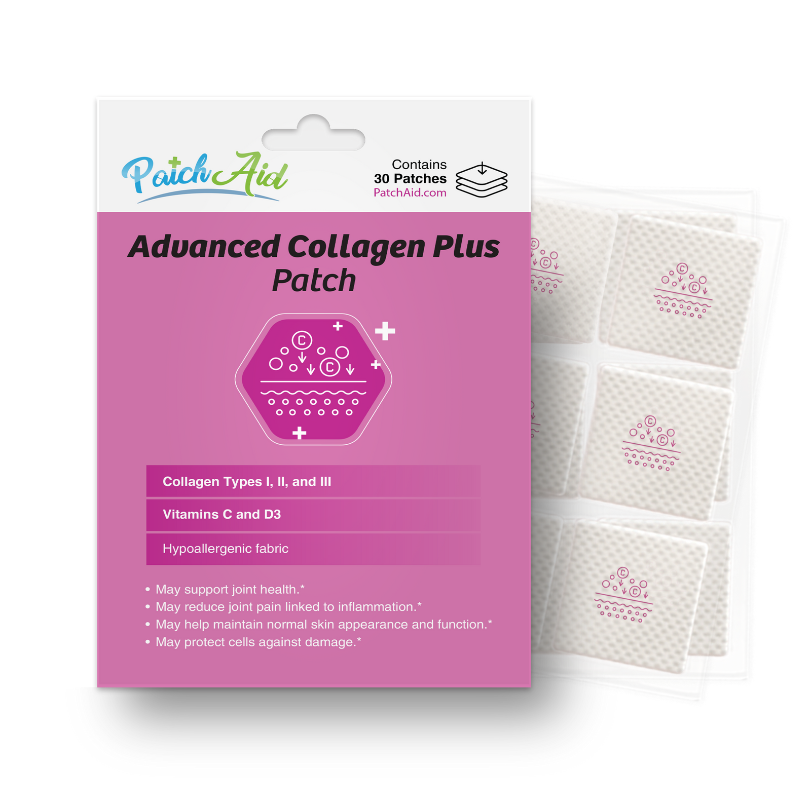 Advanced Collagen Plus Patches with Collagen Types I, II and III plus vitamins C and D3. Contains 30 hypoallergenic patches.