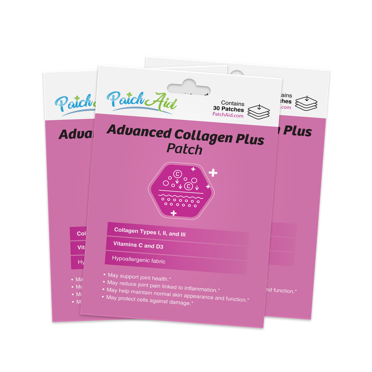 Advanced Collagen Plus Patches with Collagen Types I, II and III plus vitamins C and D3. Contains 30 hypoallergenic patches.