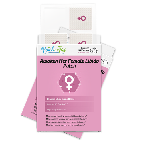 A package of "Awaken Her Female Libido Patch" featuring a pink design, a female symbol, and information about its benefits, including support for libido and mood, with 30 patches inside.