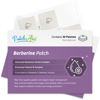 A package of PatchAid's Berberine Patch displays product details, including benefits for metabolic support, with a purple background and illustrations of drops and a box.