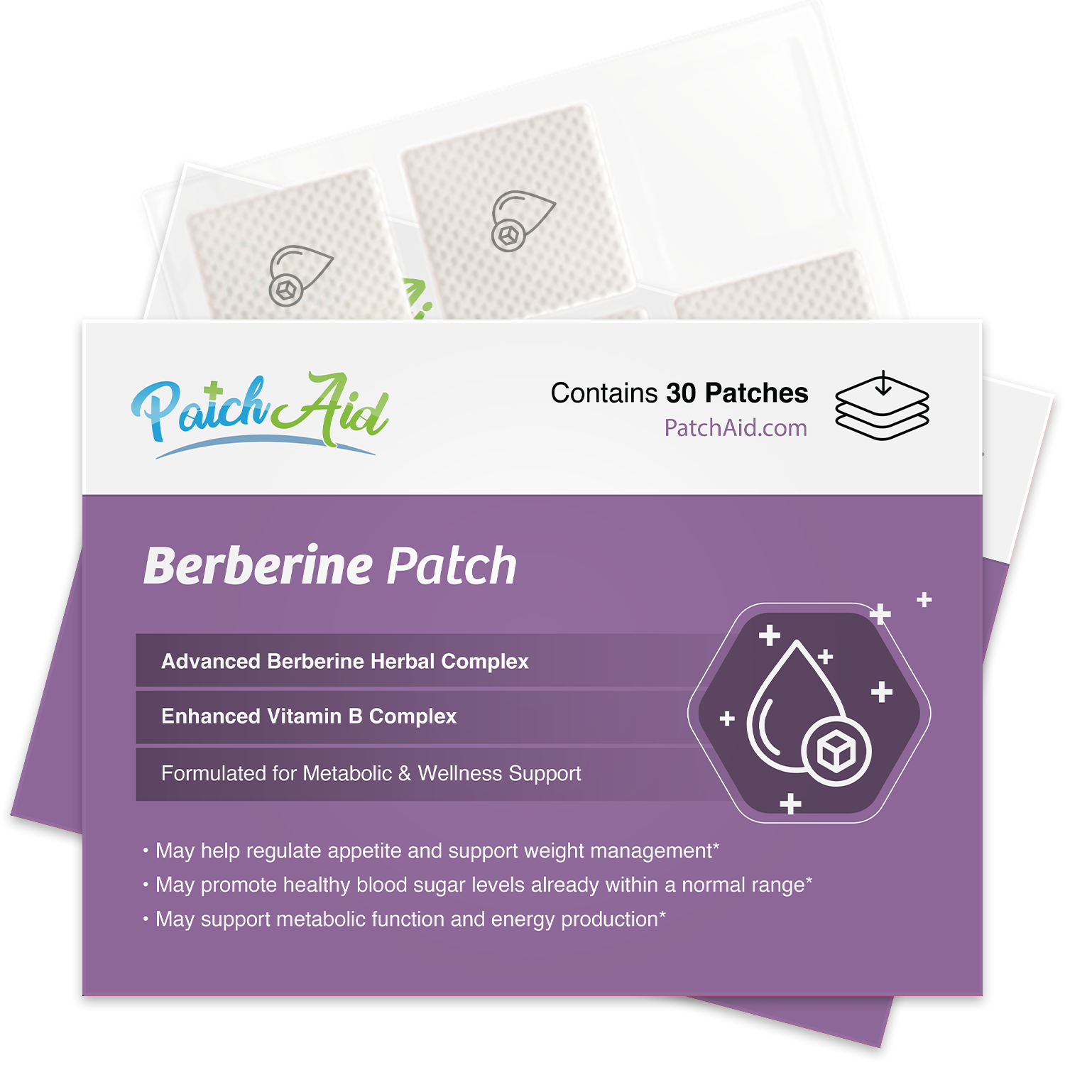 A package of PatchAid's Berberine Patch displays product details, including benefits for metabolic support, with a purple background and illustrations of drops and a box.