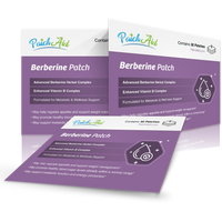 Three overlapping product boxes for PatchAid's Berberine Patch, featuring a purple design with text highlighting its benefits for metabolic support and containing 30 patches.