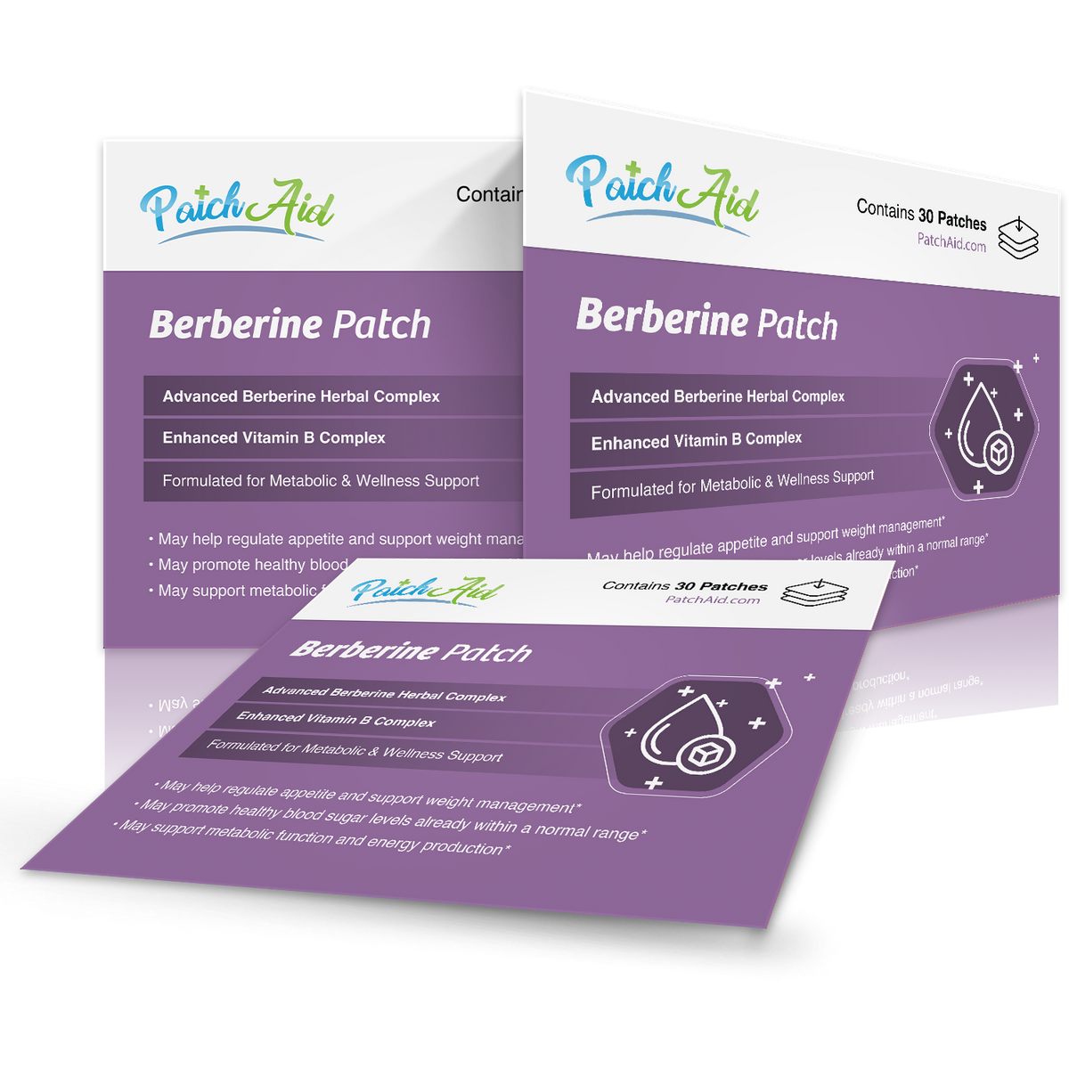 Three overlapping product boxes for PatchAid's Berberine Patch, featuring a purple design with text highlighting its benefits for metabolic support and containing 30 patches.