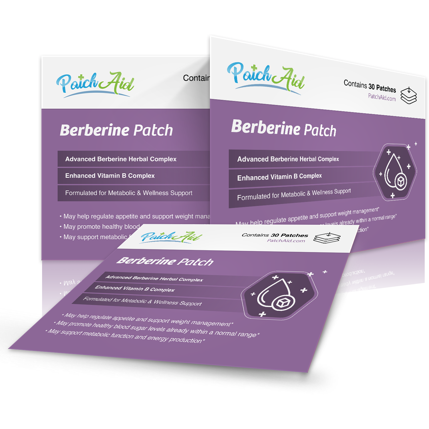Three overlapping product boxes for PatchAid's Berberine Patch, featuring a purple design with text highlighting its benefits for metabolic support and containing 30 patches.