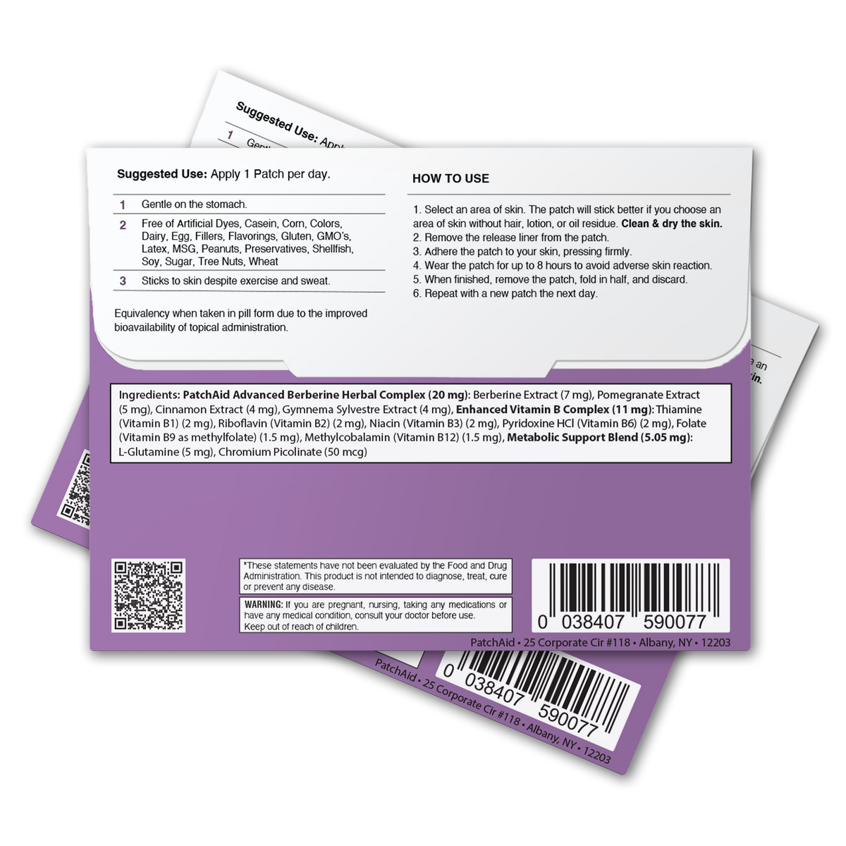 A product packaging featuring instructions and ingredients for PatchAid Advanced Berberine Herbal Complex, emphasizing daily use of a skin patch for health benefits.