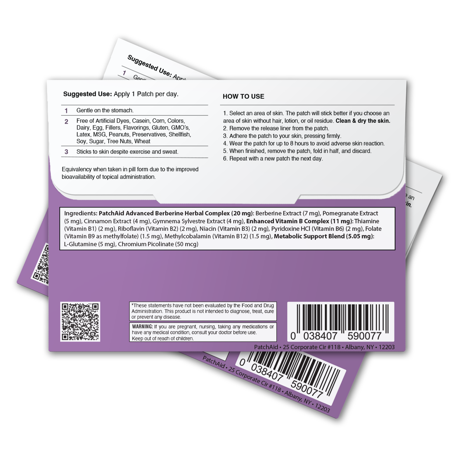 A product packaging featuring instructions and ingredients for PatchAid Advanced Berberine Herbal Complex, emphasizing daily use of a skin patch for health benefits.