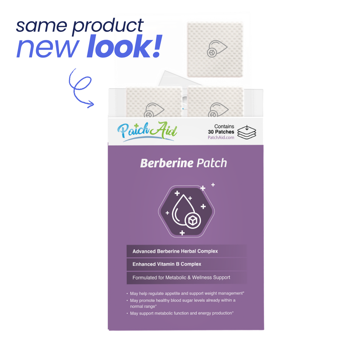 A box of Berberine patches from PatchAid, featuring a purple design and text highlighting the product's benefits, with a note stating "same product new look!" in bold letters.