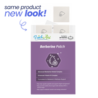 A box of Berberine patches from PatchAid, featuring a purple design and text highlighting the product's benefits, with a note stating "same product new look!" in bold letters.