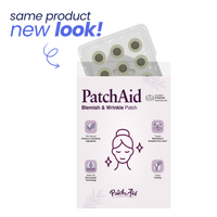 A box of PatchAid Blemish & Wrinkle Patches displays the product's new look, featuring a smiling face icon and icons highlighting its natural ingredients and benefits, with a note that it contains nine patches.