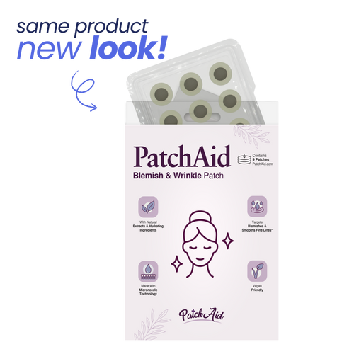 A box of PatchAid Blemish & Wrinkle Patches displays the product's new look, featuring a smiling face icon and icons highlighting its natural ingredients and benefits, with a note that it contains nine patches.