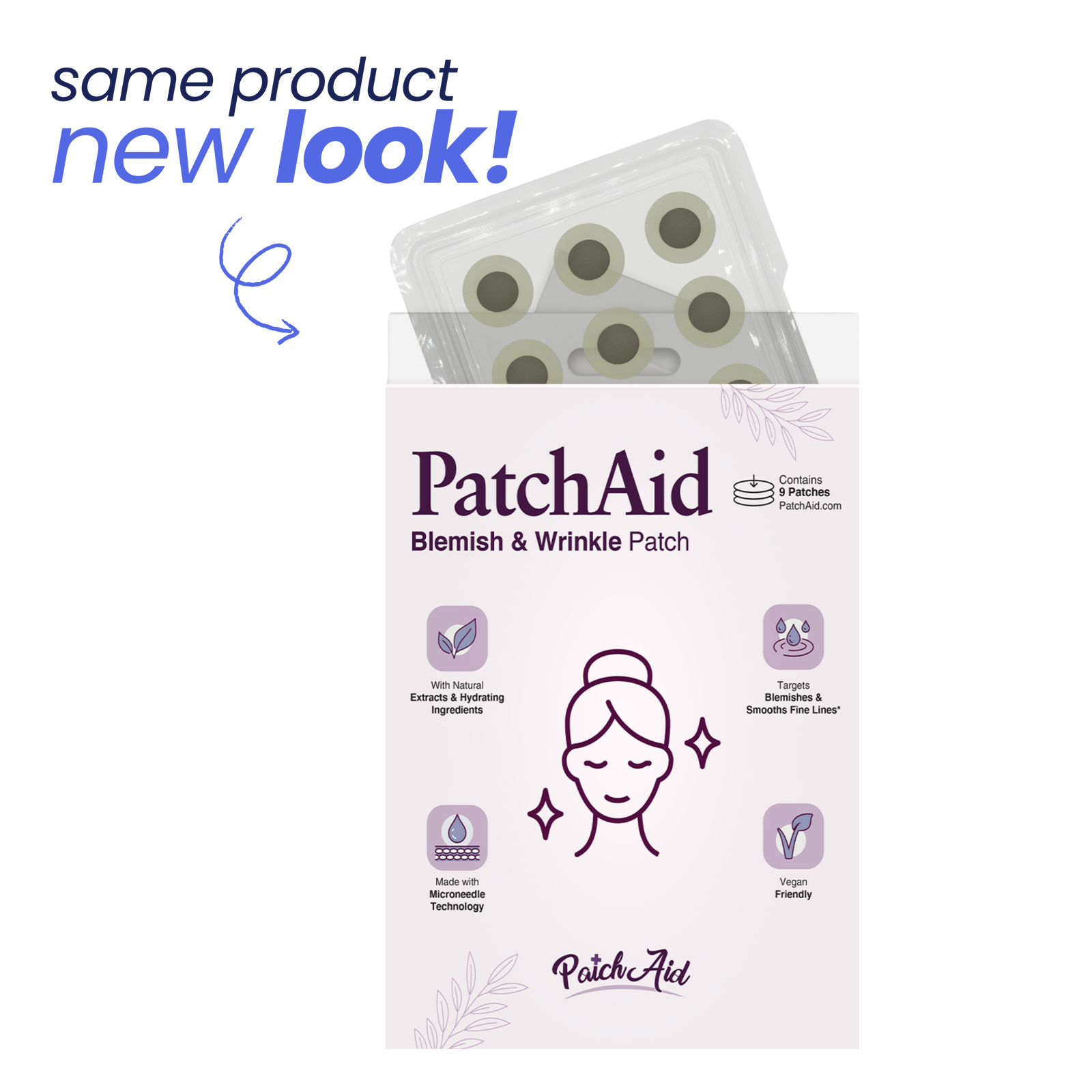 A box of PatchAid Blemish & Wrinkle Patches displays the product's new look, featuring a smiling face icon and icons highlighting its natural ingredients and benefits, with a note that it contains nine patches.