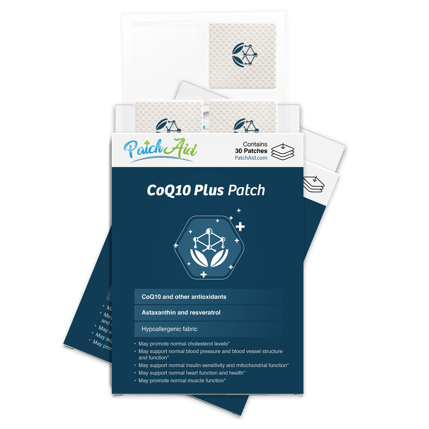 A package of CoQ10 Plus patches from PatchAid, featuring a blue design with health benefits listed, includes 30 patches made from hypoallergenic fabric for wellness support.
