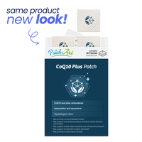 A box of CoQ10 Plus patches from PatchAid displays a new design, featuring 30 patches and highlighting benefits like supporting cholesterol levels and heart function.