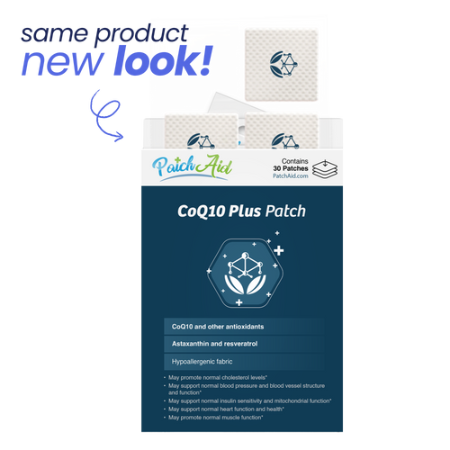 A box of CoQ10 Plus patches from PatchAid displays a new design, featuring 30 patches and highlighting benefits like supporting cholesterol levels and heart function.