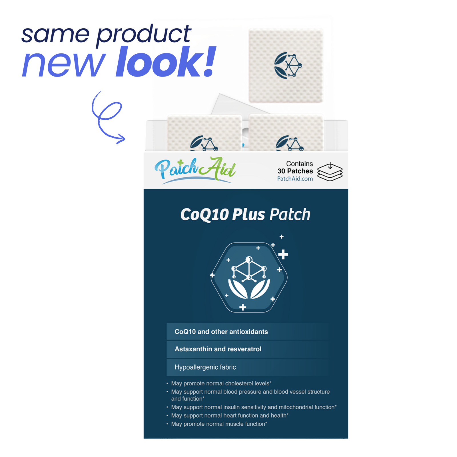 A box of CoQ10 Plus patches from PatchAid displays a new design, featuring 30 patches and highlighting benefits like supporting cholesterol levels and heart function.