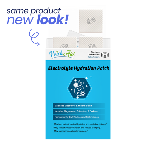 Patch Aid Electrolyte Hydration Patch packaging with text 'same product new look' on a white background