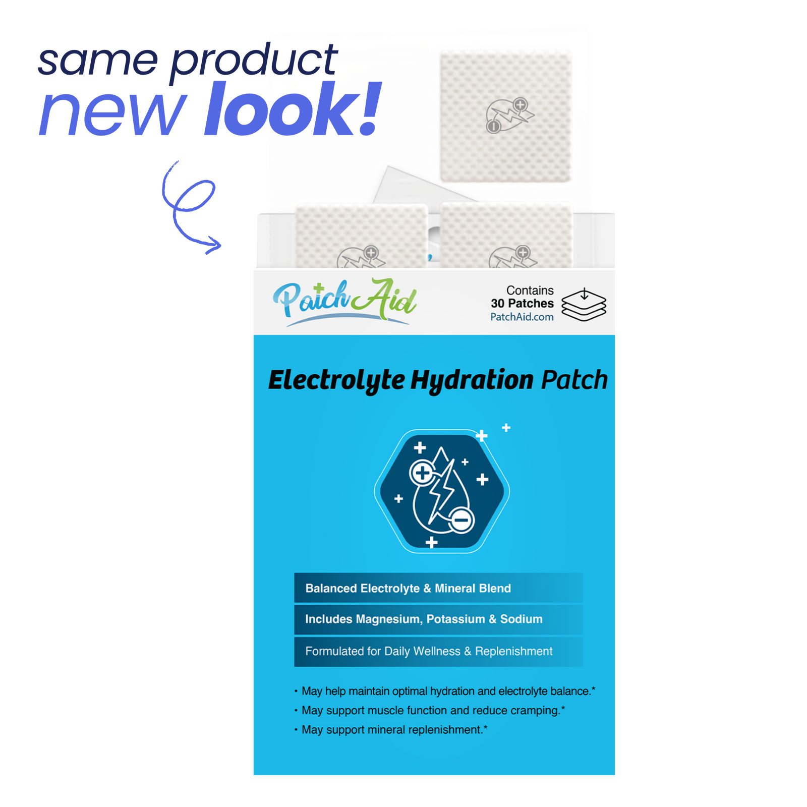 Patch Aid Electrolyte Hydration Patch packaging with text 'same product new look' on a white background