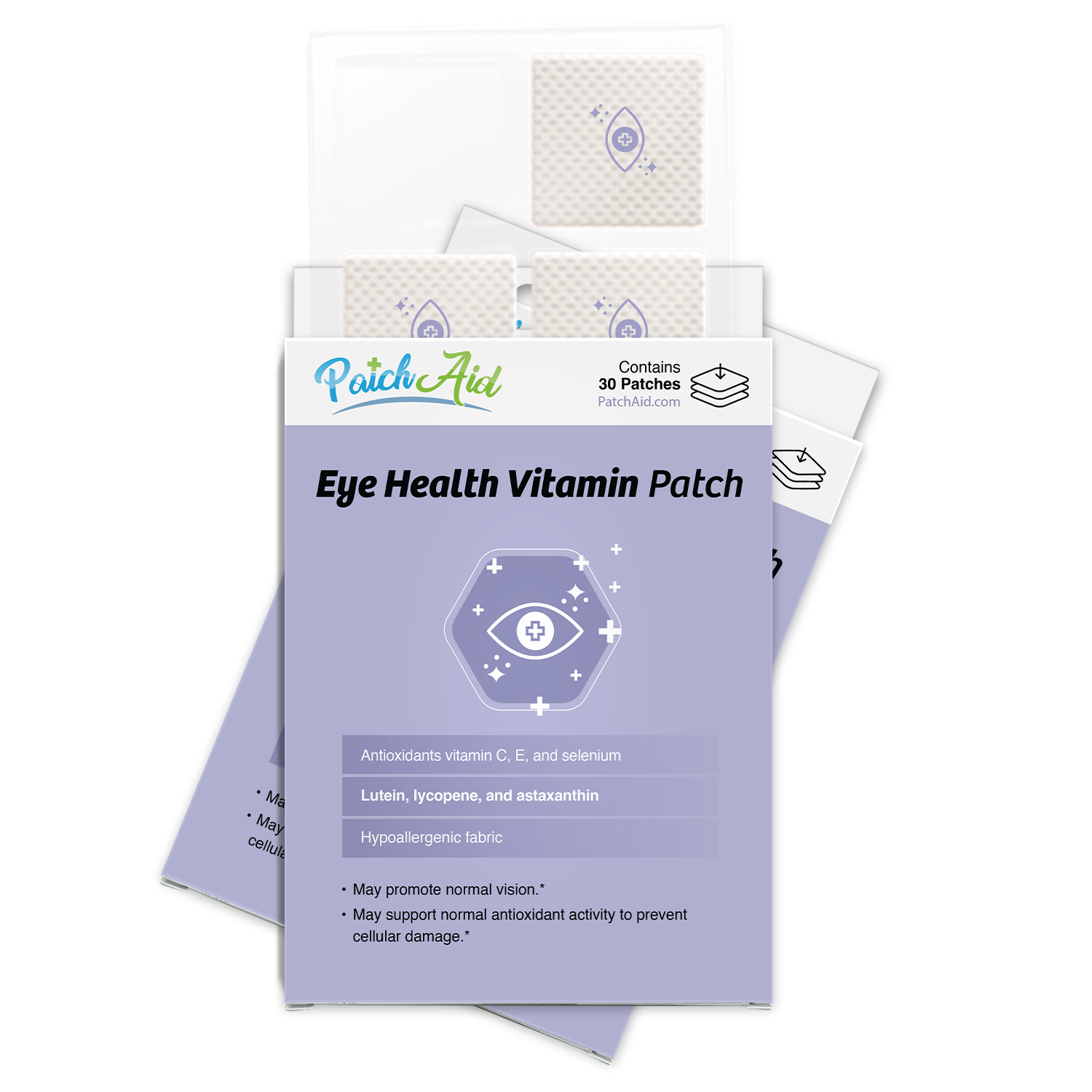 A package of "Eye Health Vitamin Patches" from PatchAid, featuring a light purple background with text highlighting ingredients and benefits, displays three patches in a transparent tray.