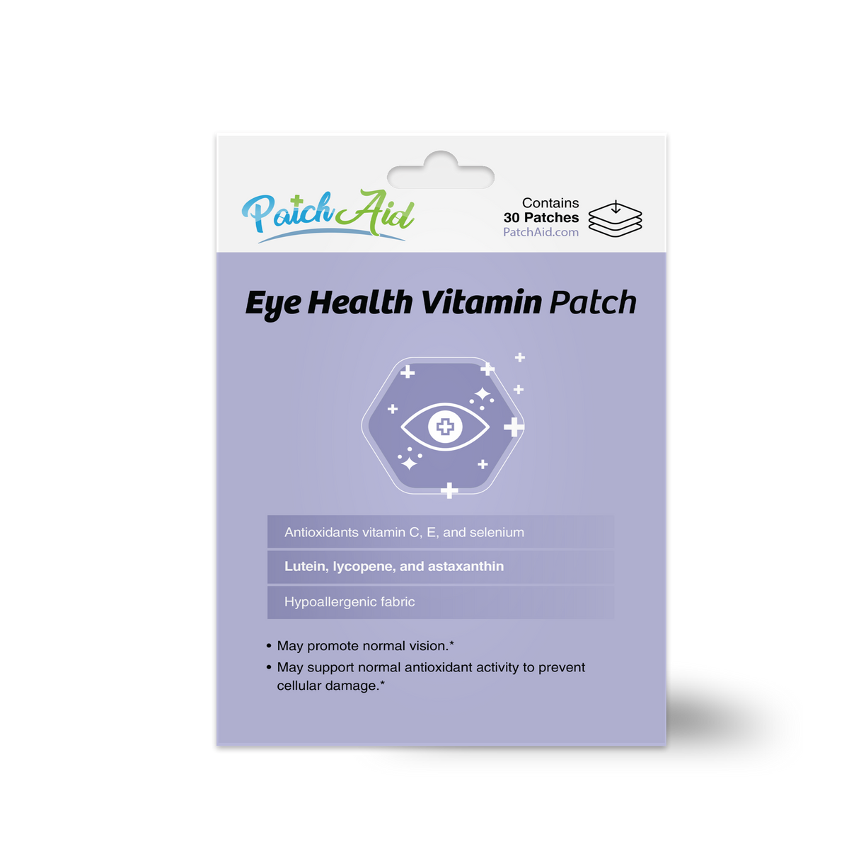 Eye Health Vitamin Patch with vitamins C and E, selenium, lutein, lycopene and astaxanthin to support normal vision and antioxidant activity. Hypoallergenic fabric; 30 patches.