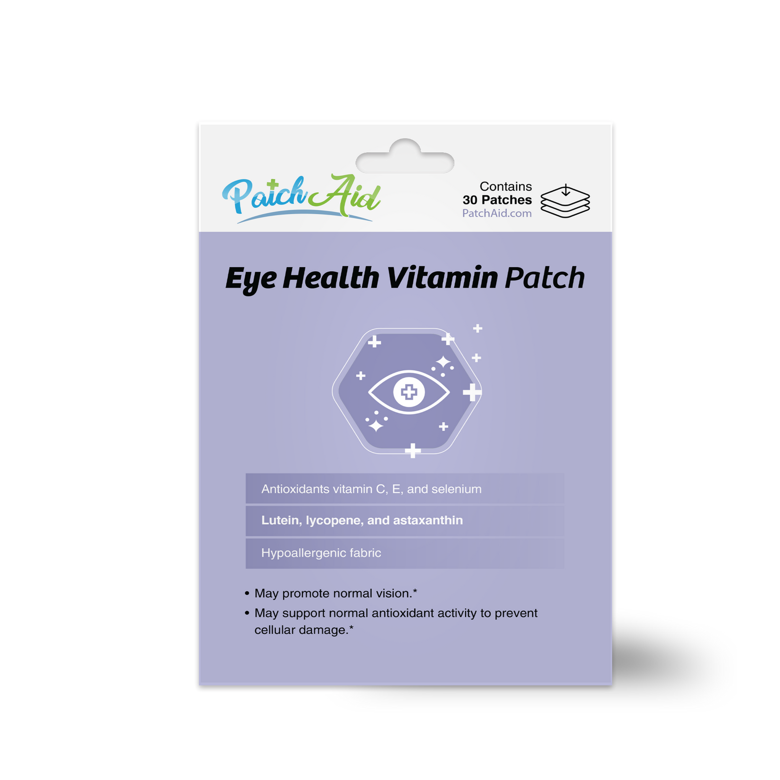 Eye Health Vitamin Patch with vitamins C and E, selenium, lutein, lycopene and astaxanthin to support normal vision and antioxidant activity. Hypoallergenic fabric; 30 patches.