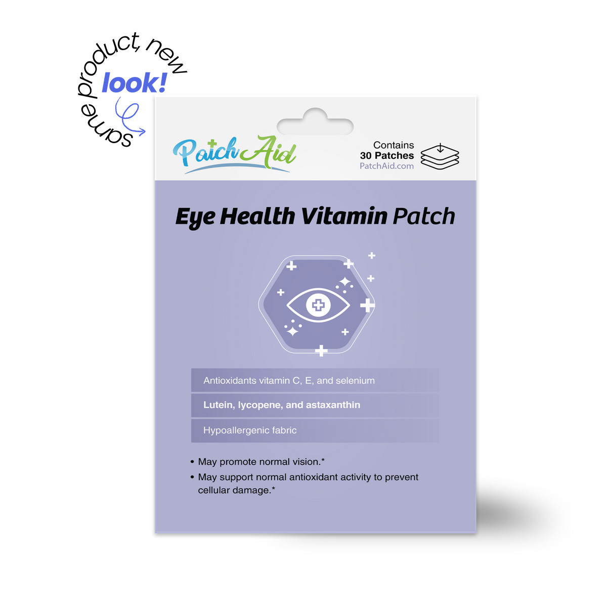 Eye Health Vitamin Patch with vitamins C and E, selenium, lutein, lycopene and astaxanthin to support normal vision and antioxidant activity. Hypoallergenic fabric; 30 patches.