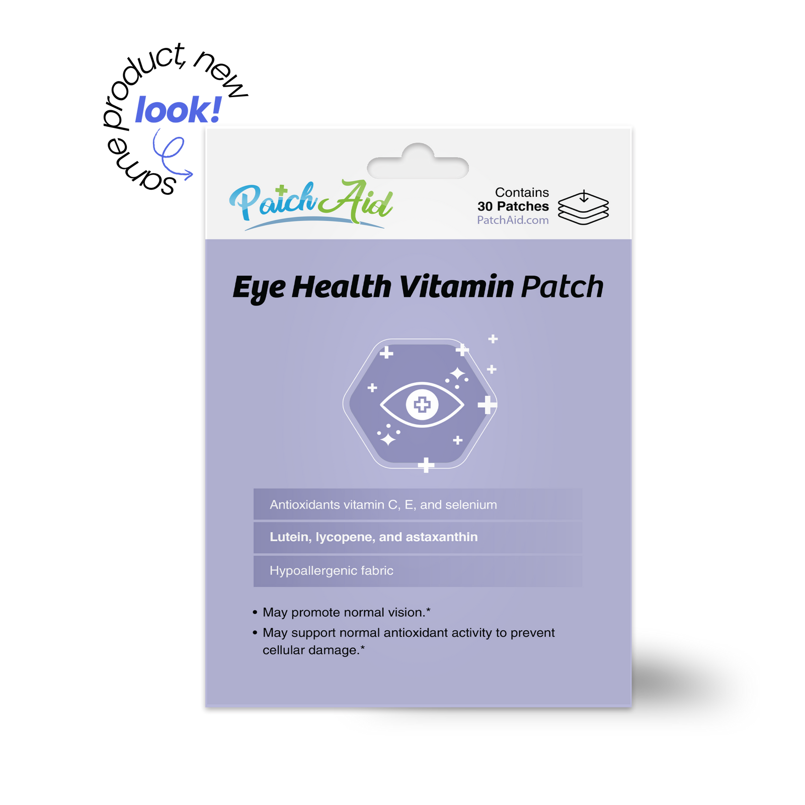 Eye Health Vitamin Patch with vitamins C and E, selenium, lutein, lycopene and astaxanthin to support normal vision and antioxidant activity. Hypoallergenic fabric; 30 patches.
