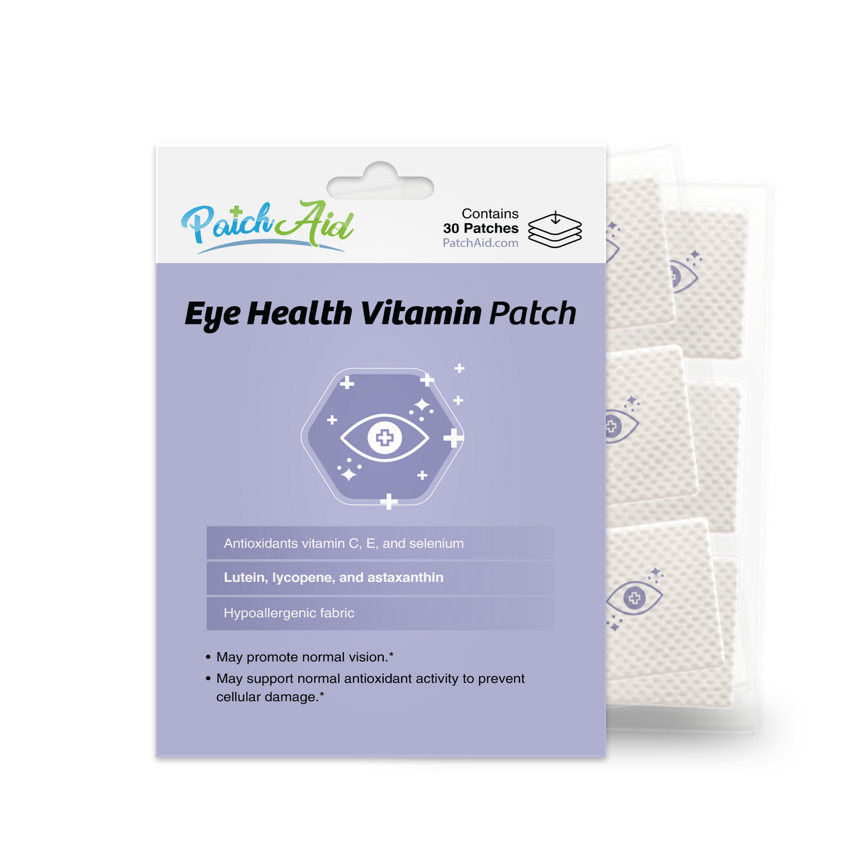 Eye Health Vitamin Patch with vitamins C and E, selenium, lutein, lycopene and astaxanthin to support normal vision and antioxidant activity. Hypoallergenic fabric; 30 patches.