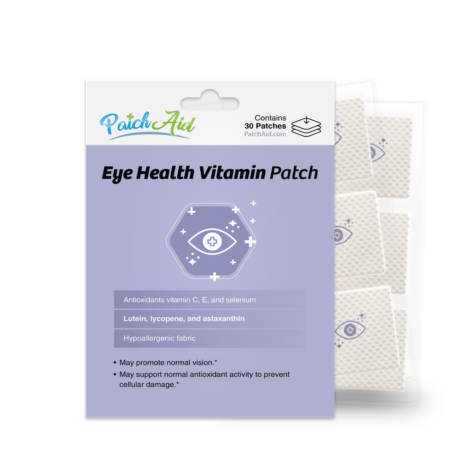 Eye Health Vitamin Patch with vitamins C and E, selenium, lutein, lycopene and astaxanthin to support normal vision and antioxidant activity. Hypoallergenic fabric; 30 patches.