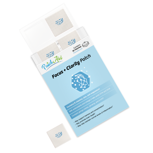 A box of "Focus + Clarity Patch" containing 30 patches is displayed, featuring a light blue design with text highlighting its ingredients and benefits for memory and concentration.