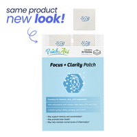 A box of Focus + Clarity Patches from PatchAid features a new design, displaying the product name and benefits, with a light blue background and an illustration of a hexagon containing a network pattern.