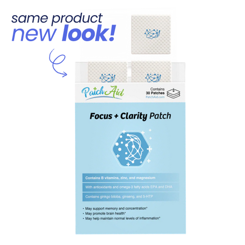 A box of Focus + Clarity Patches from PatchAid features a new design, displaying the product name and benefits, with a light blue background and an illustration of a hexagon containing a network pattern.