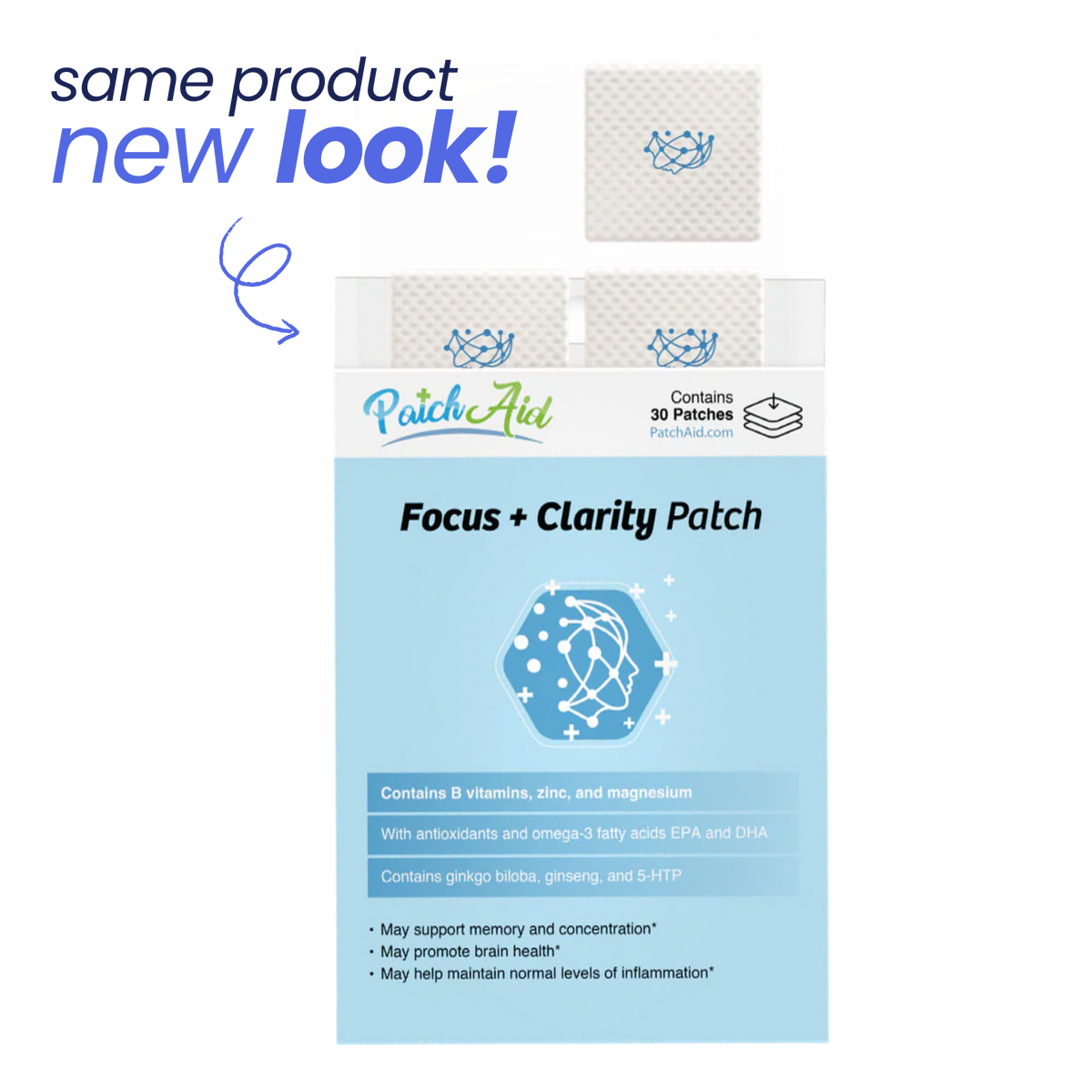 A box of Focus + Clarity Patches from PatchAid features a new design, displaying the product name and benefits, with a light blue background and an illustration of a hexagon containing a network pattern.
