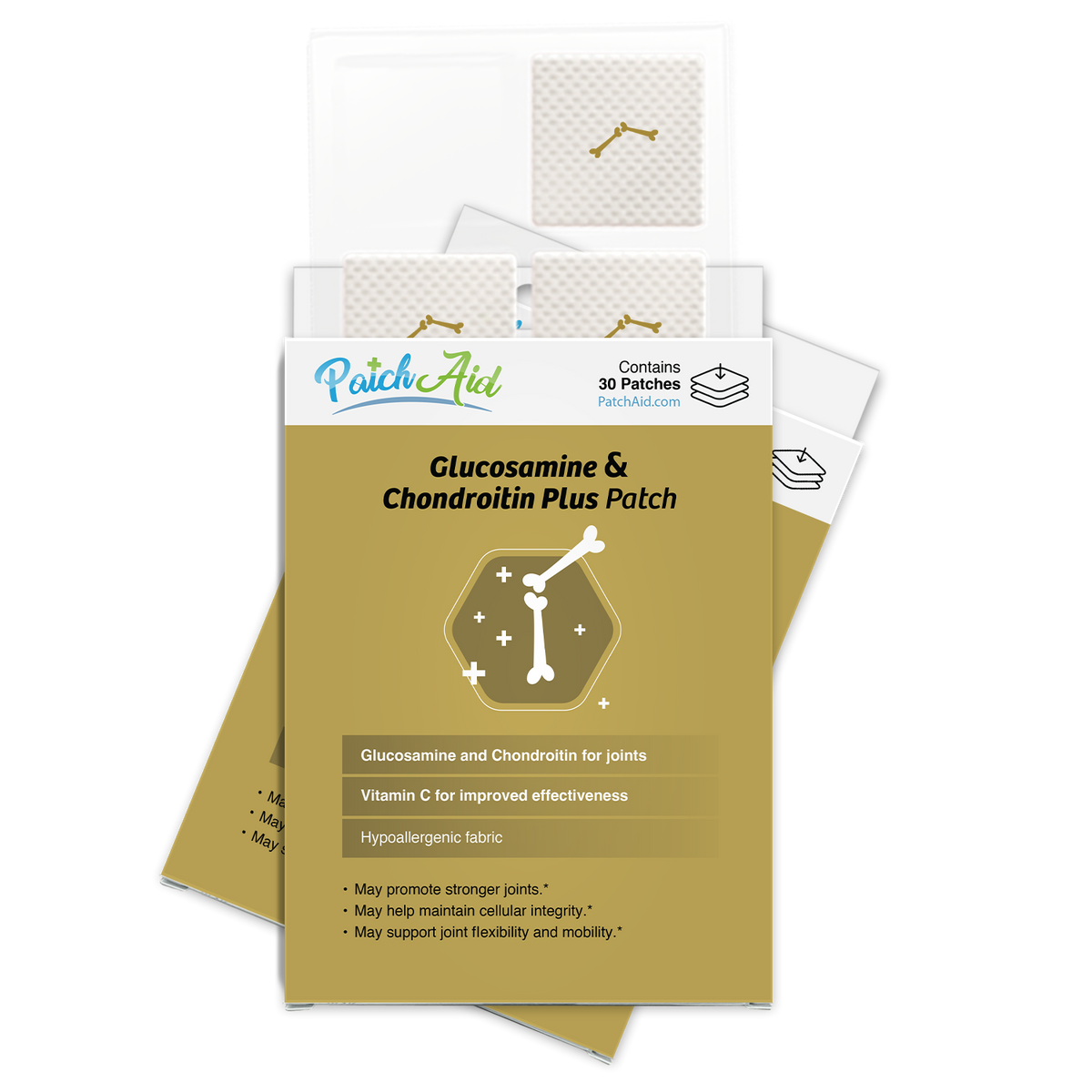 A package of glucosamine and chondroitin plus patches, featuring a gold background, displays product benefits and contains 30 hypoallergenic patches for joint support.
