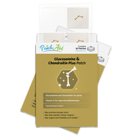 A package of glucosamine and chondroitin plus patches, featuring a gold background, displays product benefits and contains 30 hypoallergenic patches for joint support.