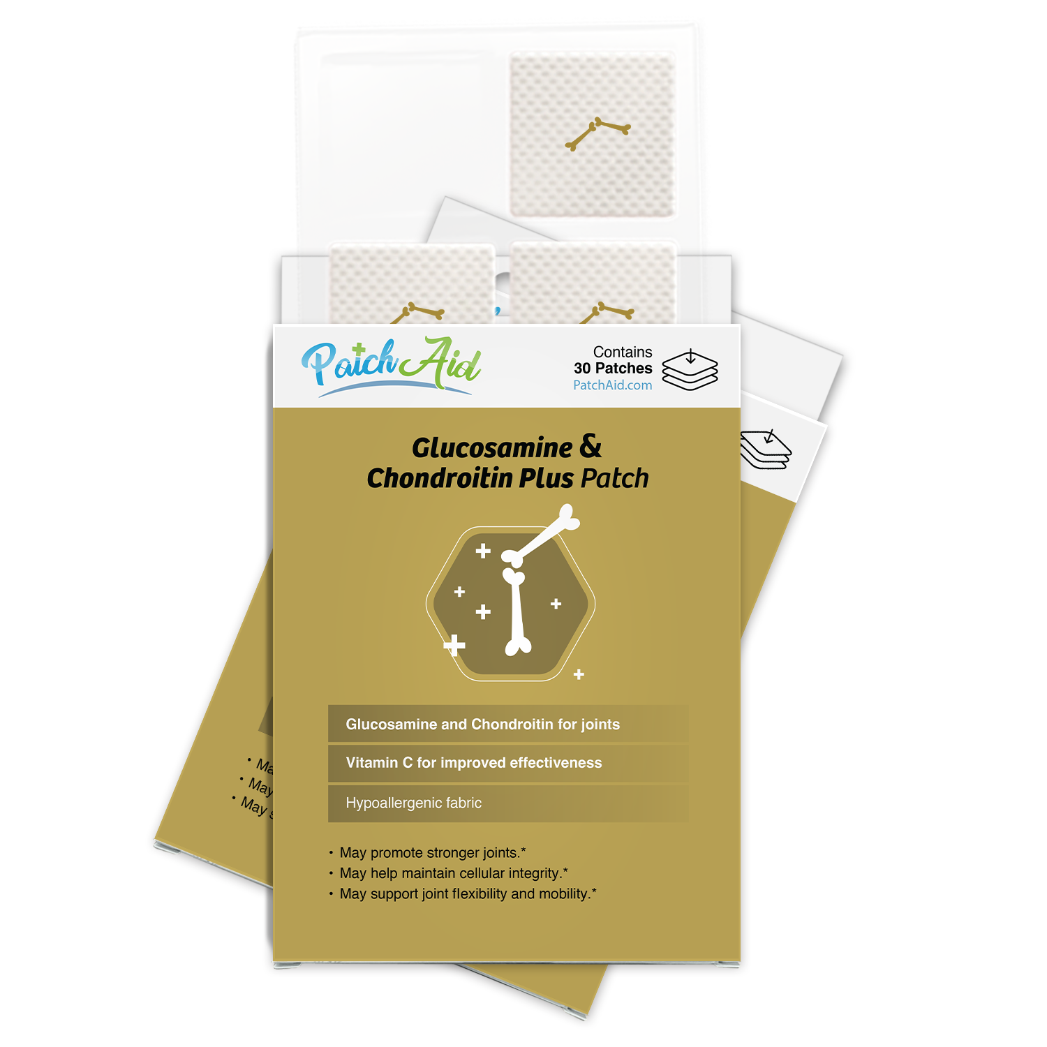 A package of glucosamine and chondroitin plus patches, featuring a gold background, displays product benefits and contains 30 hypoallergenic patches for joint support.