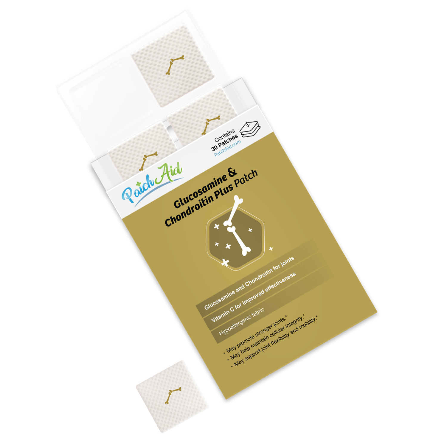 A box of glucosamine and chondroitin patches is displayed with three patches visible, featuring a gold and white design, highlighting benefits for joint health and containing 30 patches.