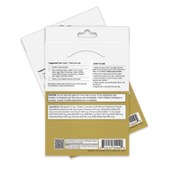 The image shows the back of a product package with usage instructions, ingredients, and warnings for a topical patch, featuring a beige background and a white label with detailed text.