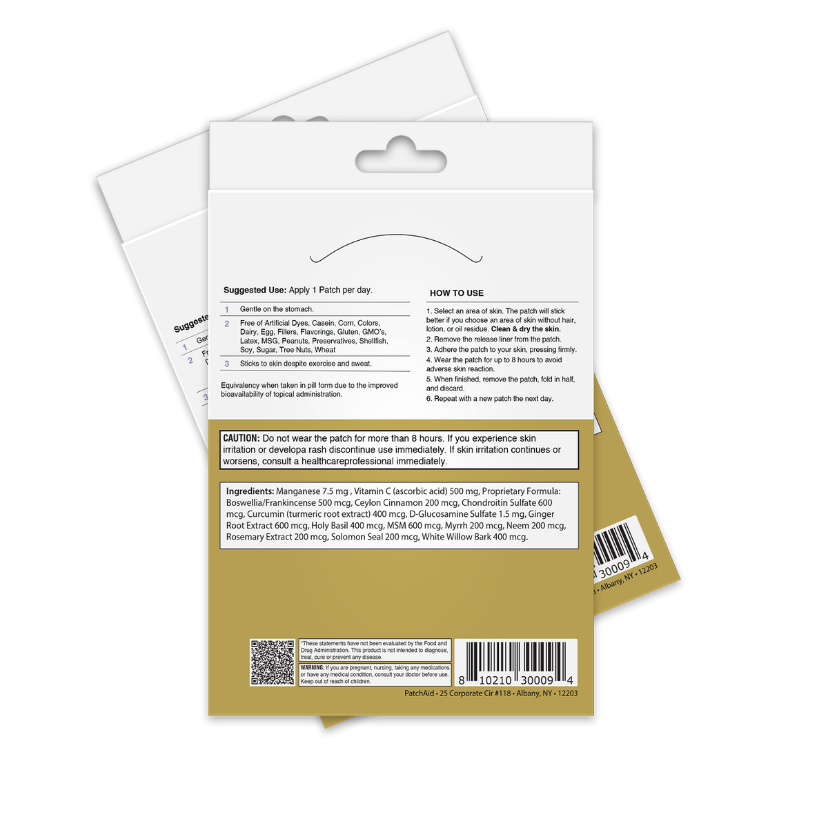 The image shows the back of a product package with usage instructions, ingredients, and warnings for a topical patch, featuring a beige background and a white label with detailed text.