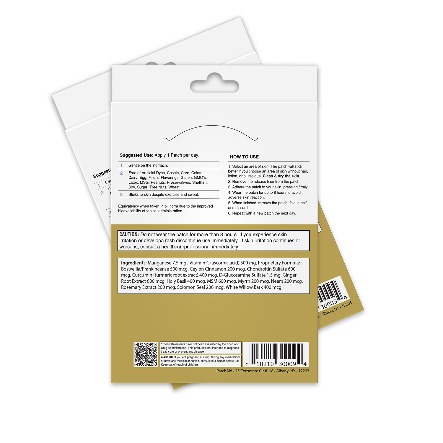 The image shows the back of a product package with usage instructions, ingredients, and warnings for a topical patch, featuring a beige background and a white label with detailed text.